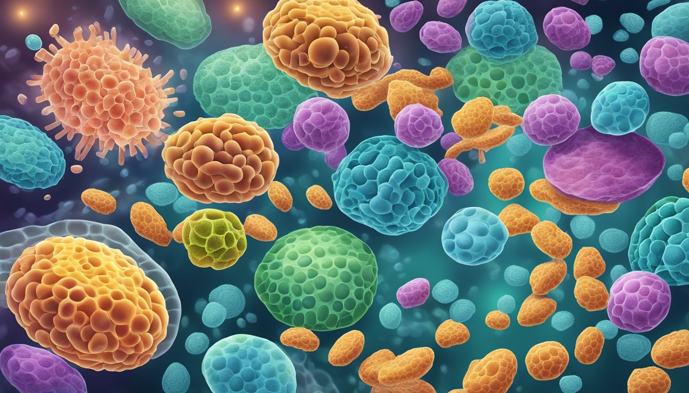 A vibrant, microscopic view of cells undergoing autophagy, with organelles and cellular debris being broken down and recycled