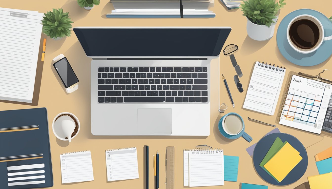 A busy professional's desk with a calendar, clock, and to-do list. A laptop and coffee mug sit nearby, surrounded by organized paperwork and a focused atmosphere