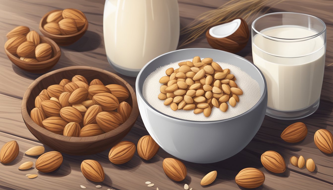 A bowl of tigernut flour surrounded by fresh tigernuts, coconut, and a glass of almond milk on a wooden table