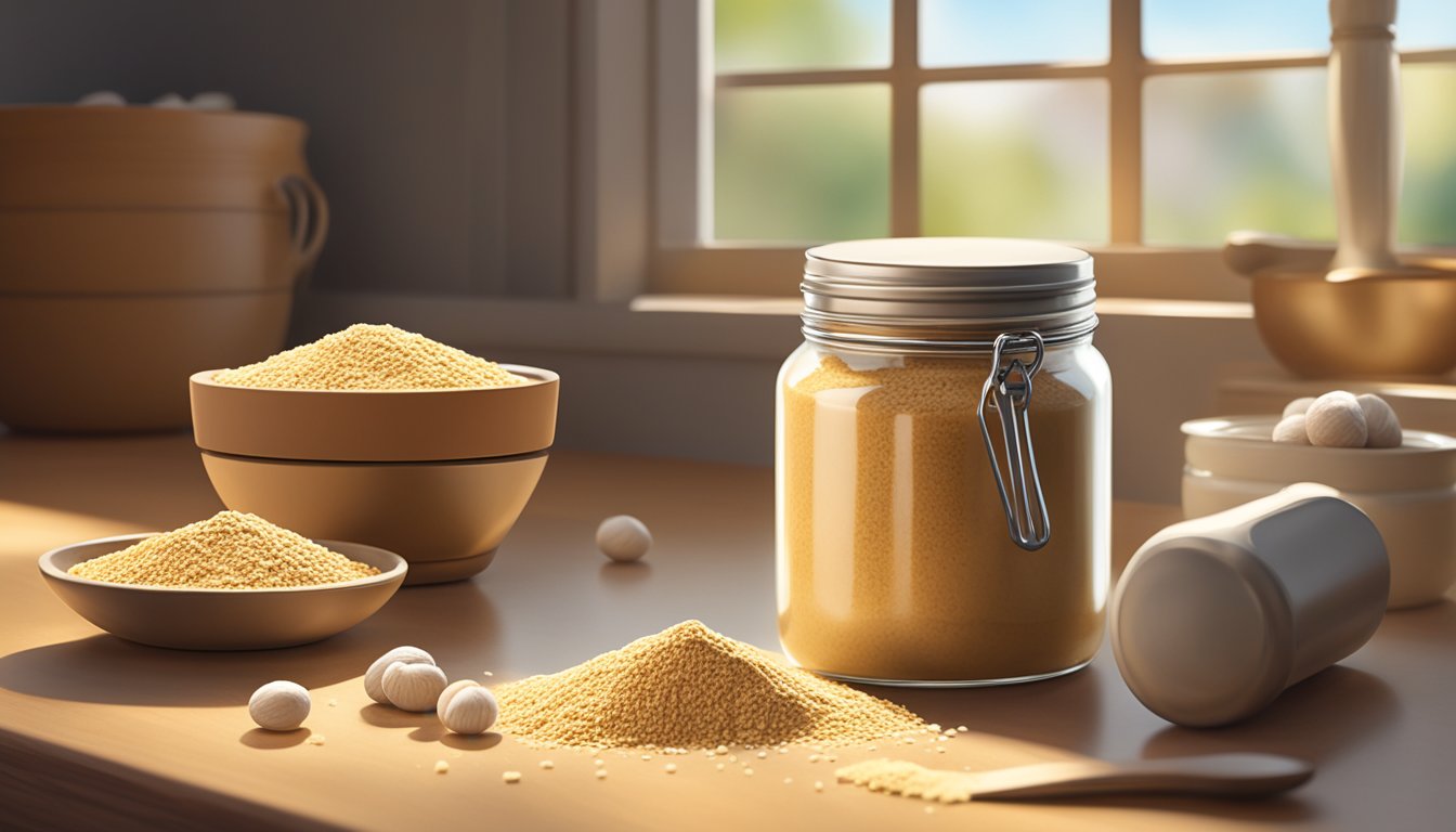 A jar of tigernut flour sits on a wooden countertop, surrounded by scattered tigernuts and a measuring spoon. Sunlight streams through a nearby window, casting a warm glow over the scene