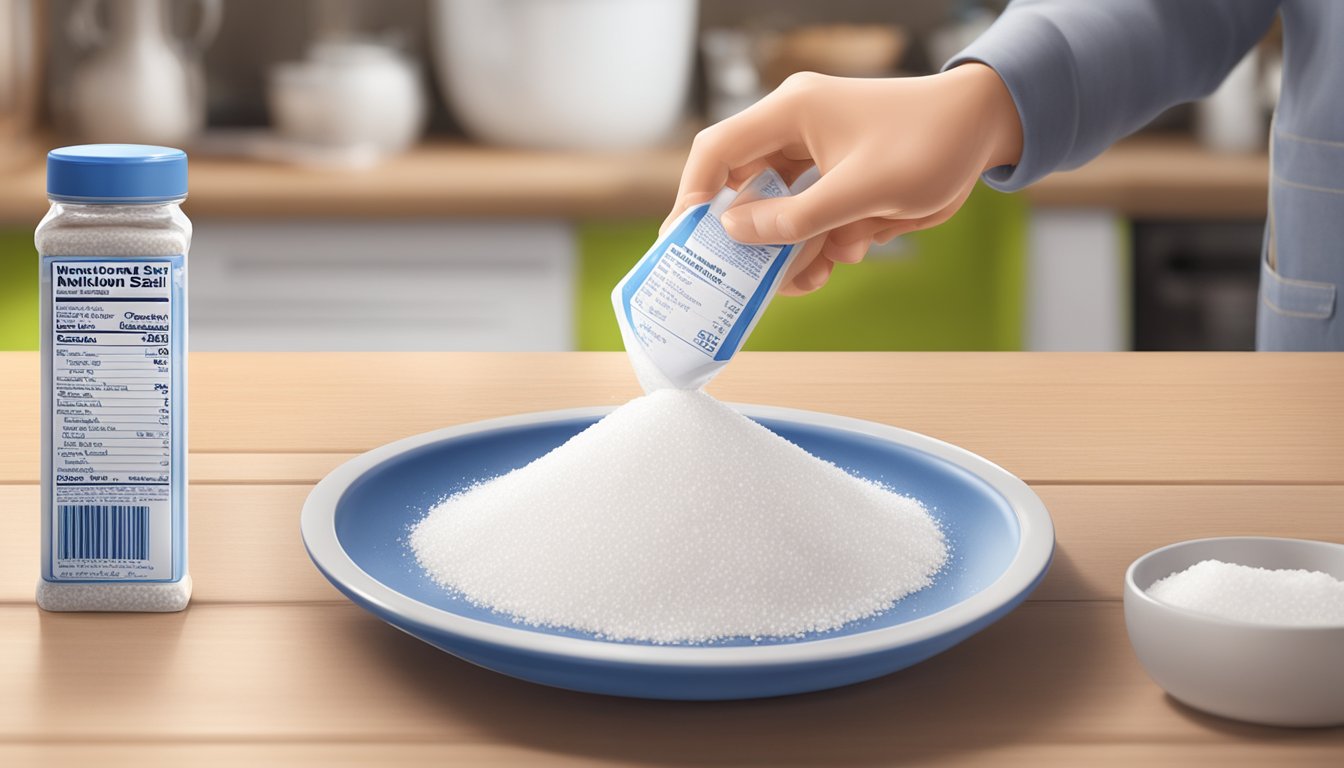 A salt shaker pouring out Morton iodized table salt onto a plate with the nutritional information label in the background