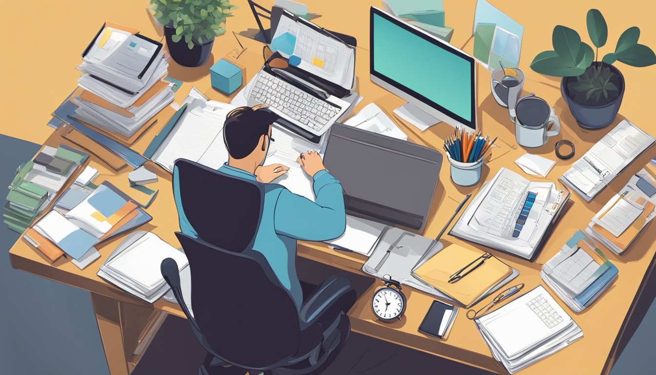 A busy professional at their desk, surrounded by work materials and a planner, with a clock showing the passage of time