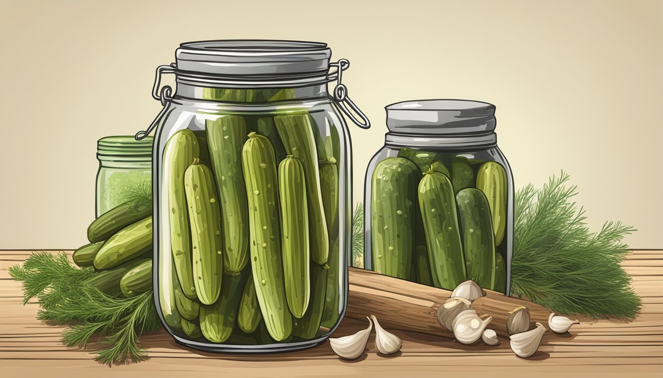 A jar of Real Pickles Organic Dill Pickles surrounded by fresh dill, garlic, and spices on a rustic wooden table