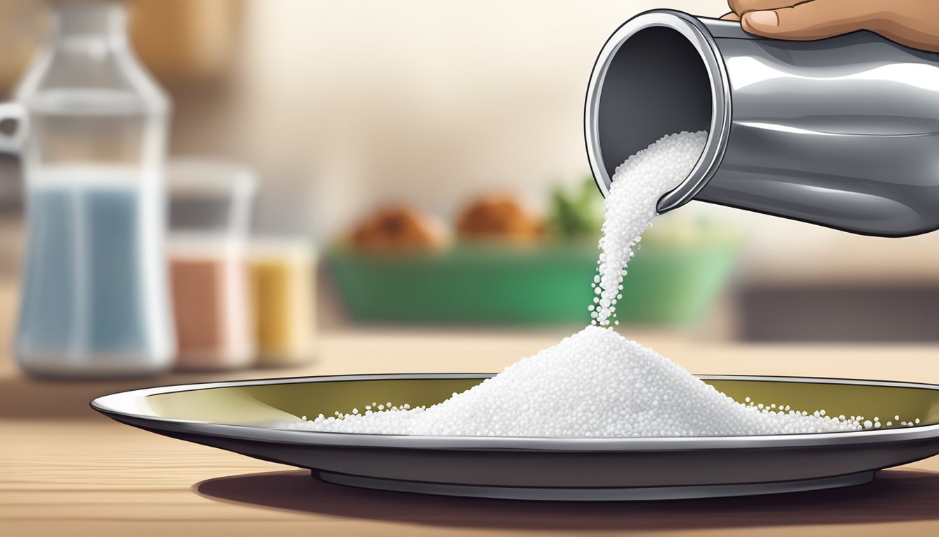 A close-up of a salt shaker pouring Morton iodized table salt onto a plate