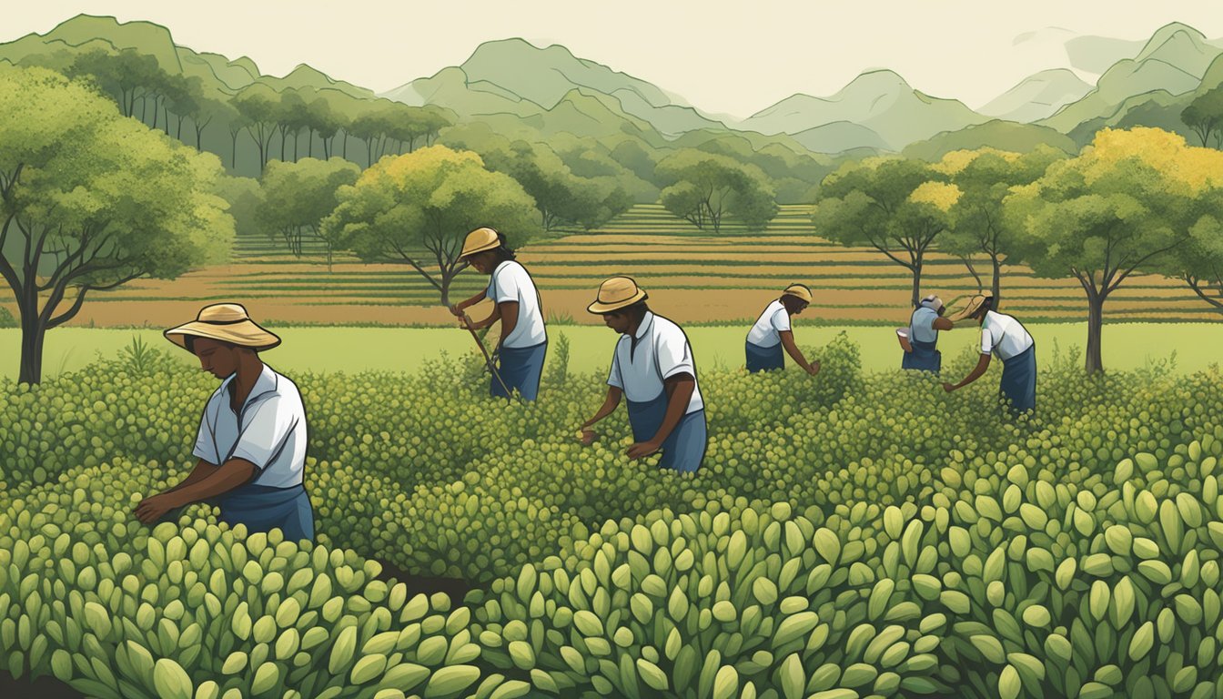 A field of tigernut plants growing in a sustainable and ethical manner, with workers tending to the crops and a logo of organic gemini tigernut flour displayed prominently