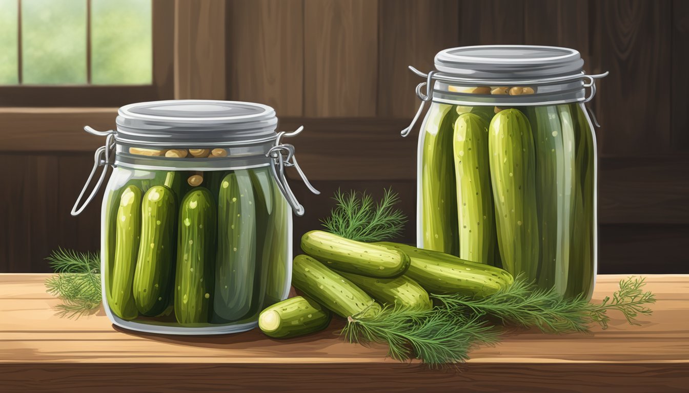 A jar of real pickles organic dill pickles surrounded by fresh dill, garlic, and peppercorns on a rustic wooden cutting board