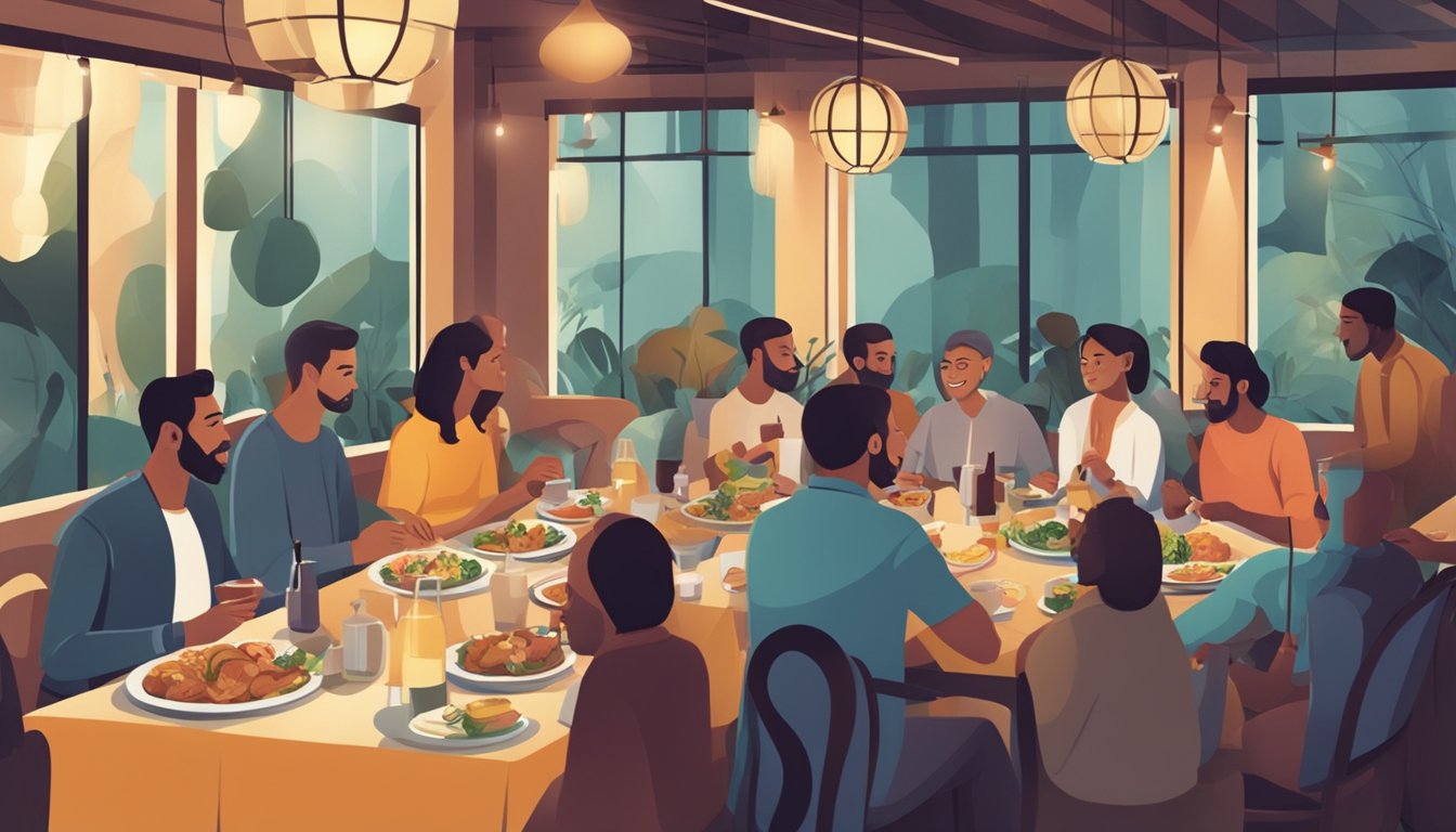 A group of people enjoying a meal together at a restaurant, with some eating while others are observing a fasting day