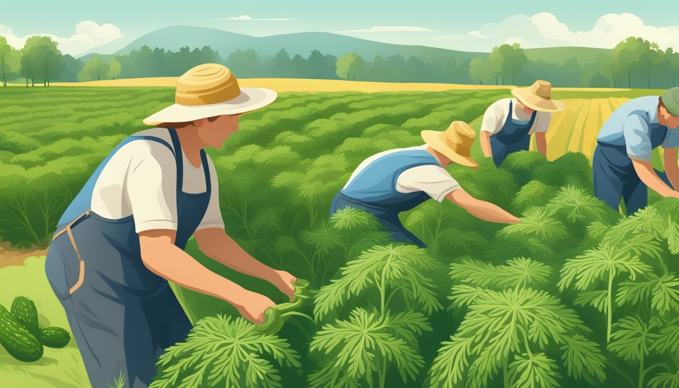 A farmer harvesting fresh dill from a lush, sunlit field, while nearby, a group of workers carefully pick and pack ripe cucumbers for organic dill pickle production