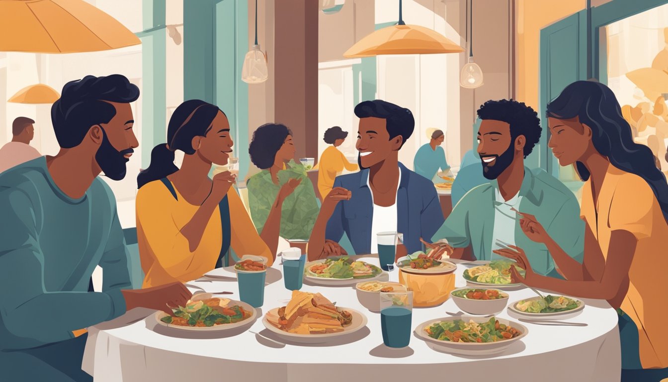 A group of friends gathers around a table at a restaurant, some enjoying their meals while others abstain, illustrating the social challenges of alternate day fasting