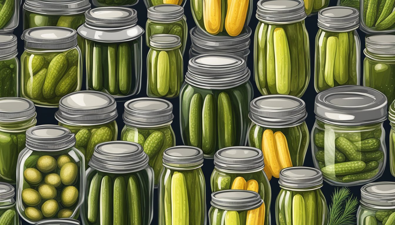 A variety of real pickles in different packaging, including jars and pouches, with organic dill pickles as the main focus