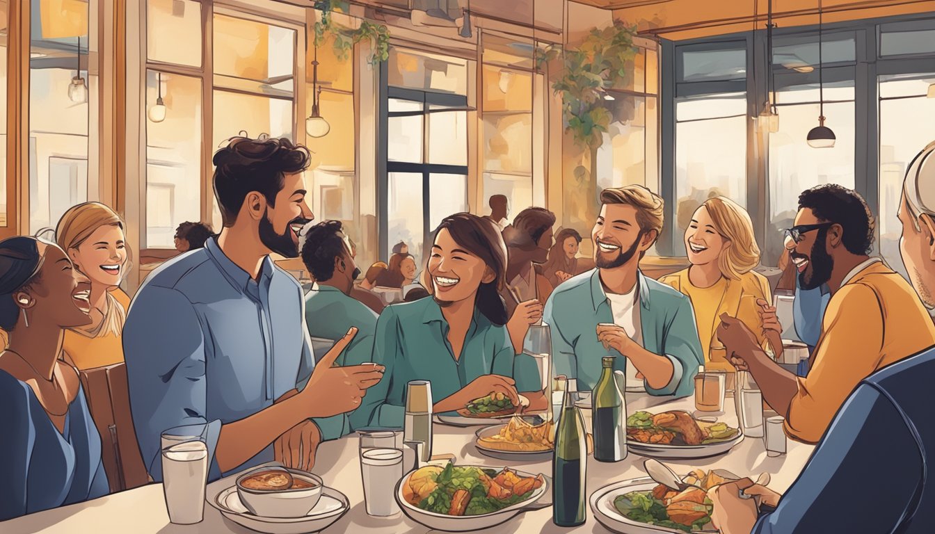 A group of people enjoying a meal at a restaurant, some eating while others abstain, all engaged in lively conversation and laughter