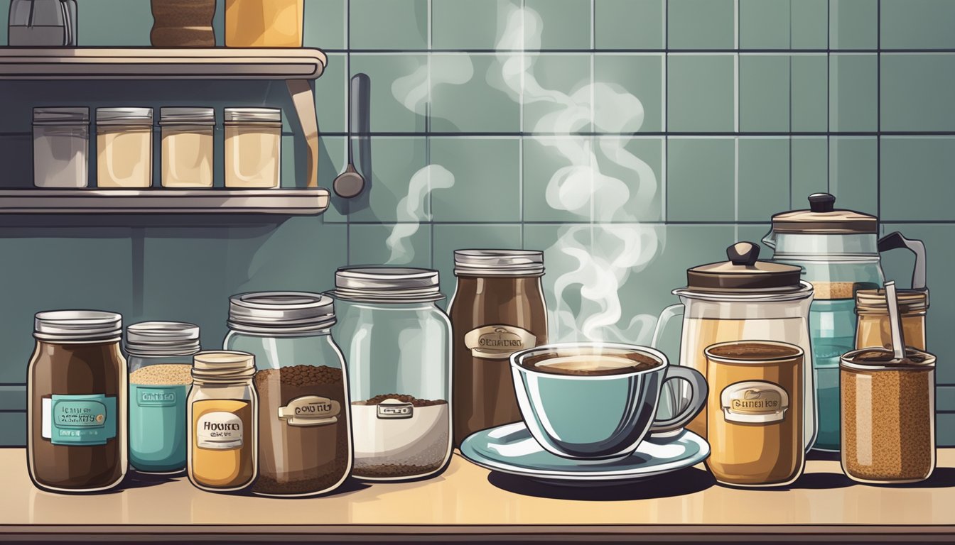 A steaming cup of instant coffee surrounded by various branded jars on a kitchen counter