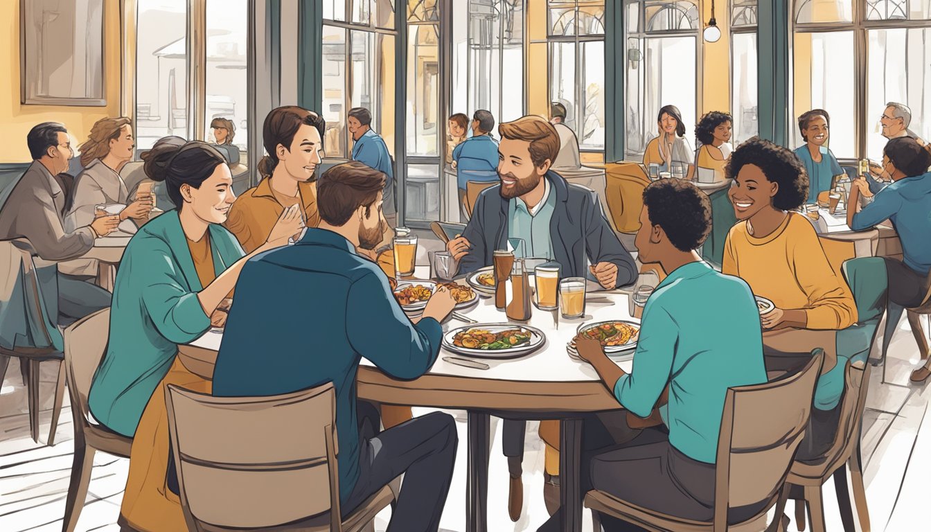 A group of people sitting around a table at a restaurant, engaging in conversation and enjoying a meal together