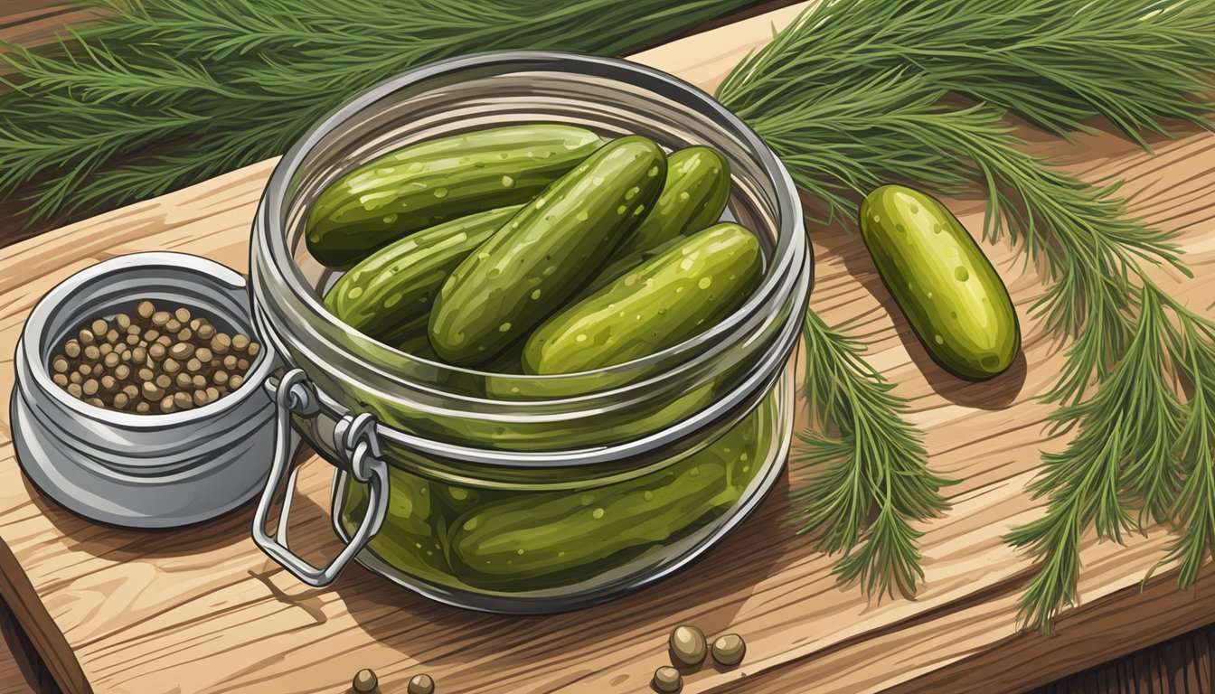 A jar of real pickles organic dill pickles sits on a wooden cutting board surrounded by fresh dill, garlic cloves, and whole peppercorns