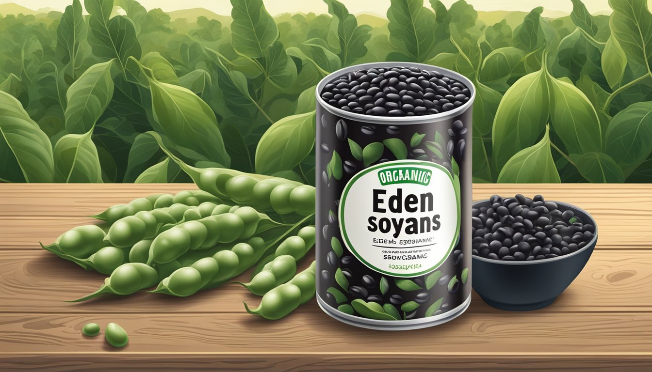 A can of Eden Organic Black Soybeans surrounded by fresh, whole soybeans on a rustic wooden surface