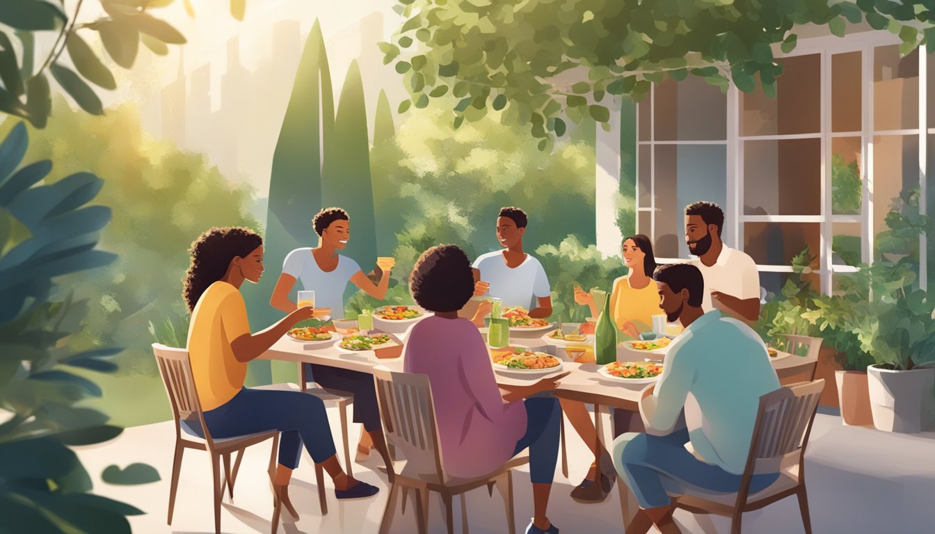 A group of friends dining outdoors, sharing a healthy meal and engaging in lively conversation, surrounded by greenery and sunlight