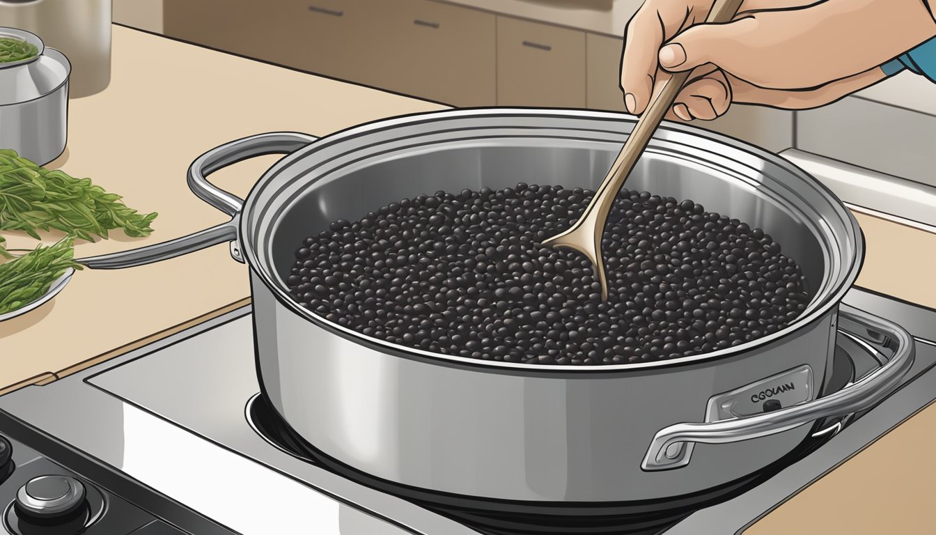 A chef stirring a pot of eden organic black soybeans over a stovetop