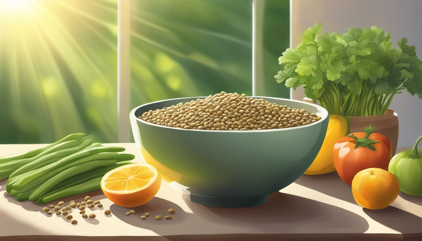 A bowl of truroots organic sprouted green lentils surrounded by fresh vegetables and fruits, with a beam of sunlight shining down on the nutritious spread