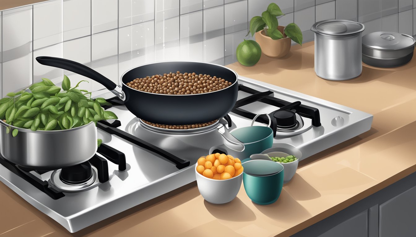 A kitchen counter with a can of Eden organic black soybeans, a colander, and a pot with water boiling on the stove