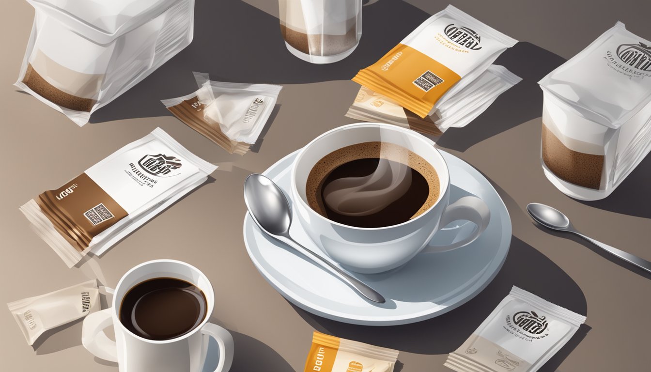 A steaming cup of instant coffee surrounded by various branded coffee packets and a spoon on a clean, modern kitchen counter