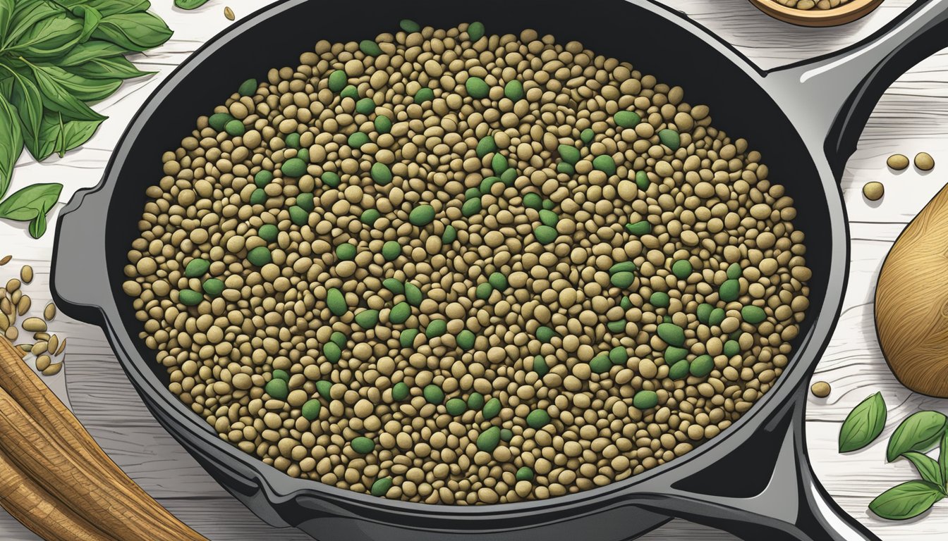 A chef sautés truroots organic sprouted green lentils with aromatic spices in a sizzling pan