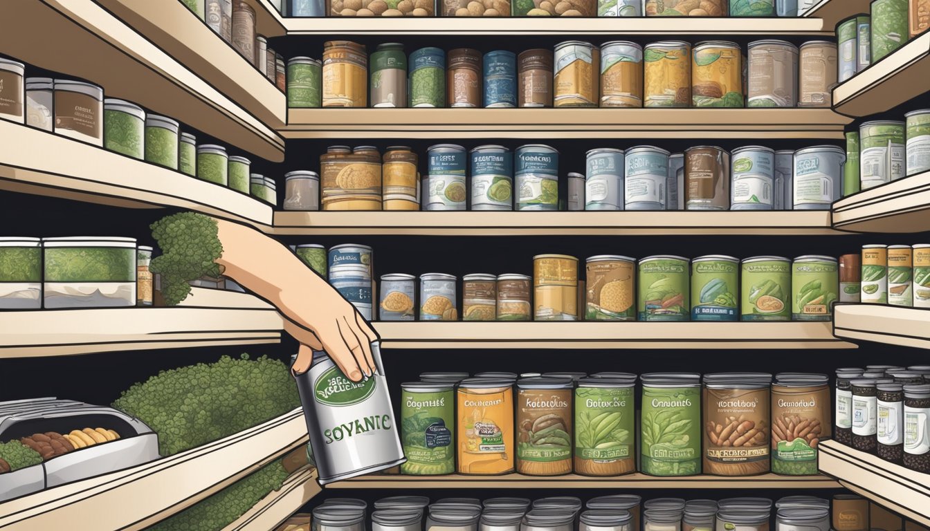 A hand reaches for a can of Eden organic black soybeans on a well-stocked pantry shelf