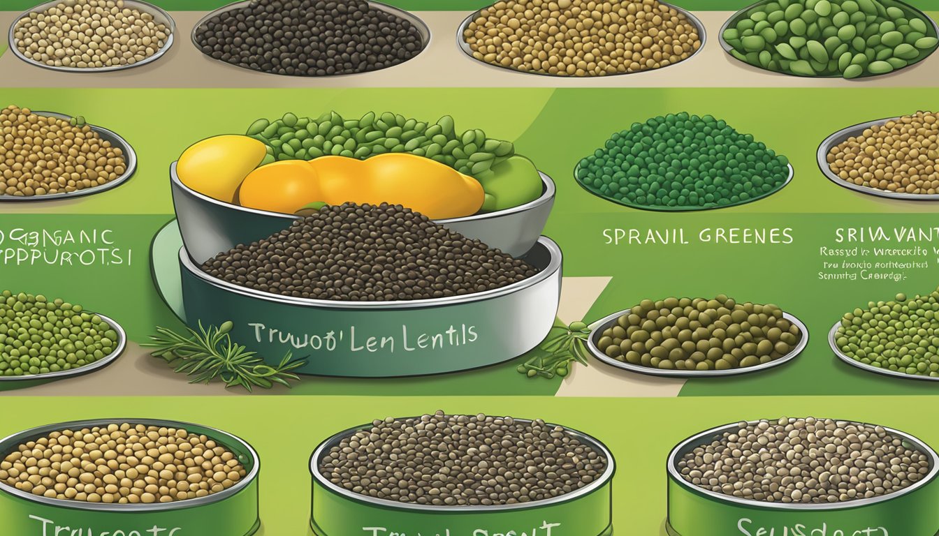 A colorful display of TruRoots organic sprouted green lentils with prominent quality and certification labels