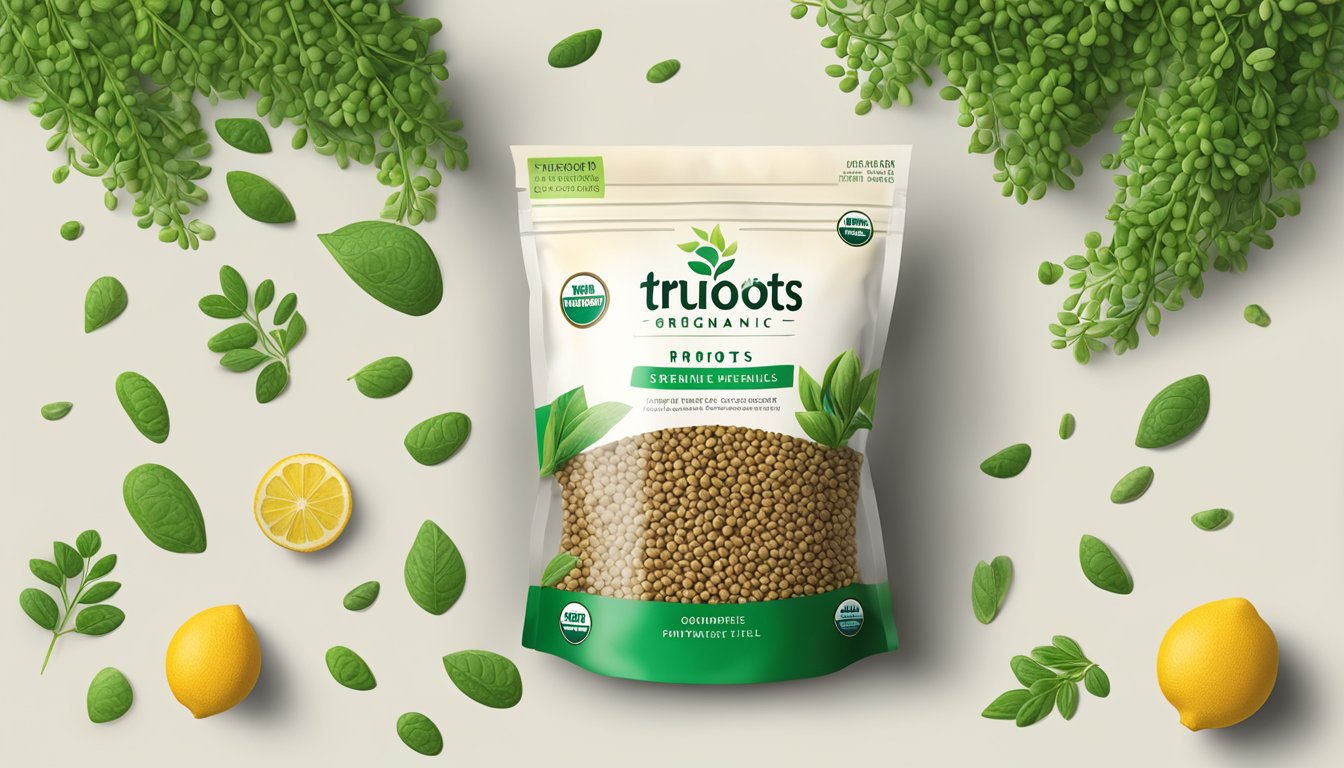 A clear package of TruRoots organic sprouted green lentils surrounded by vibrant greenery and natural elements