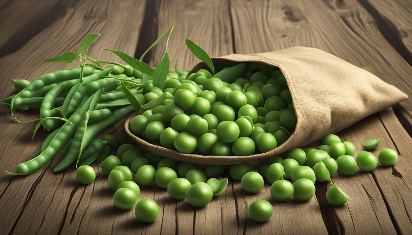 A bag of Woodstock organic frozen peas surrounded by fresh green pea pods and leaves on a rustic wooden table