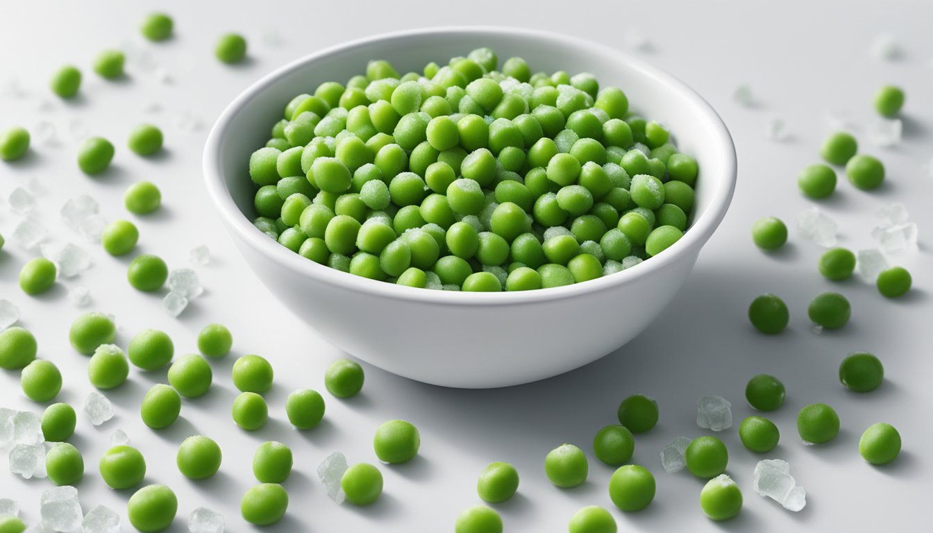 A bag of Woodstock organic frozen peas sits on a clean, white countertop, surrounded by scattered peas and a few loose ice crystals