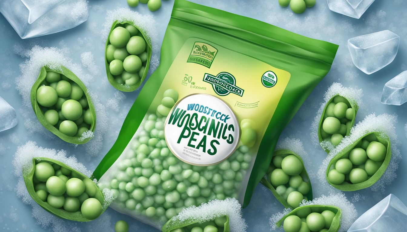 A bag of Woodstock organic frozen peas surrounded by ice crystals in a frosty freezer