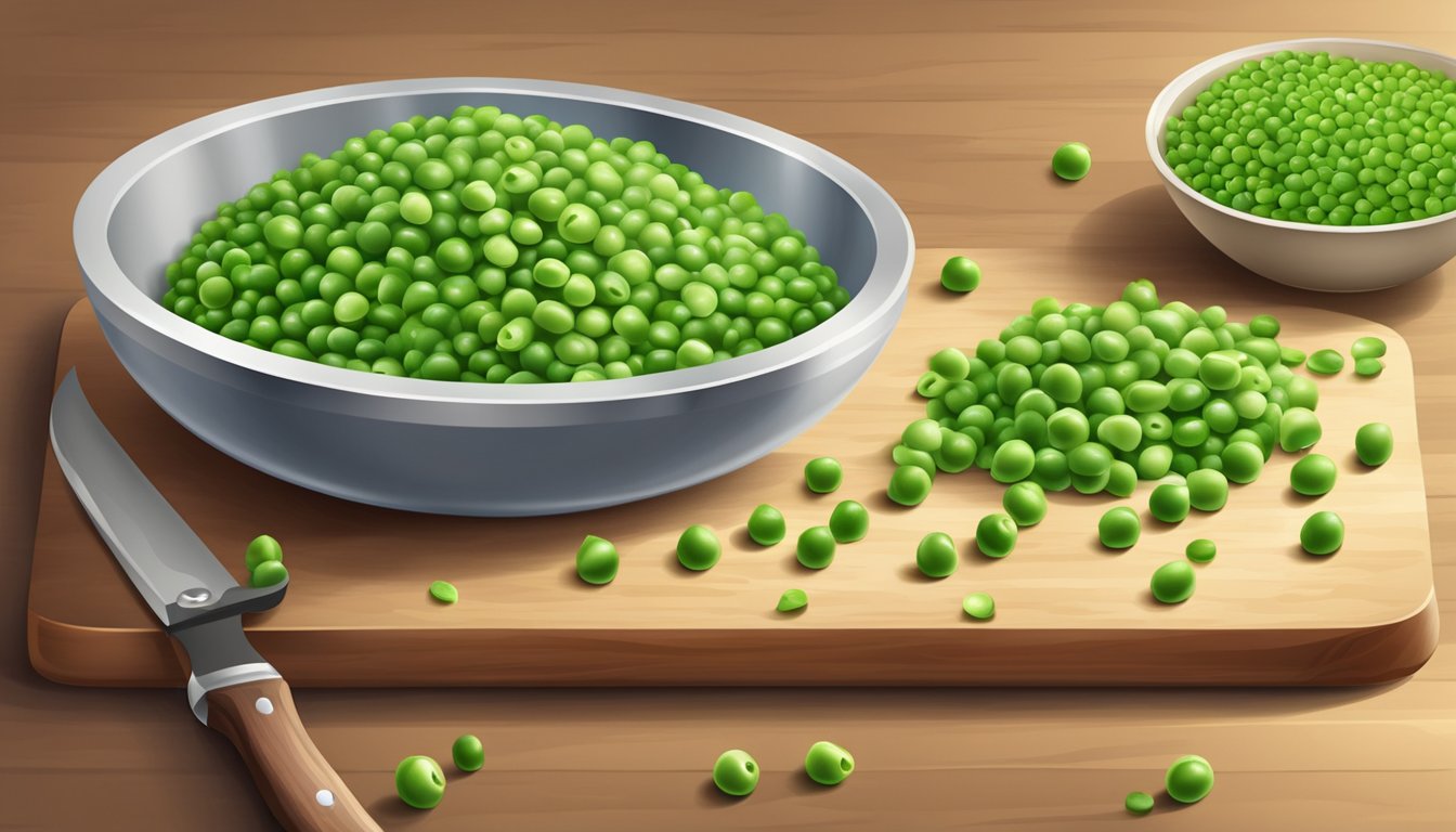 Wooden cutting board with a pile of frozen peas, a knife, and a bowl