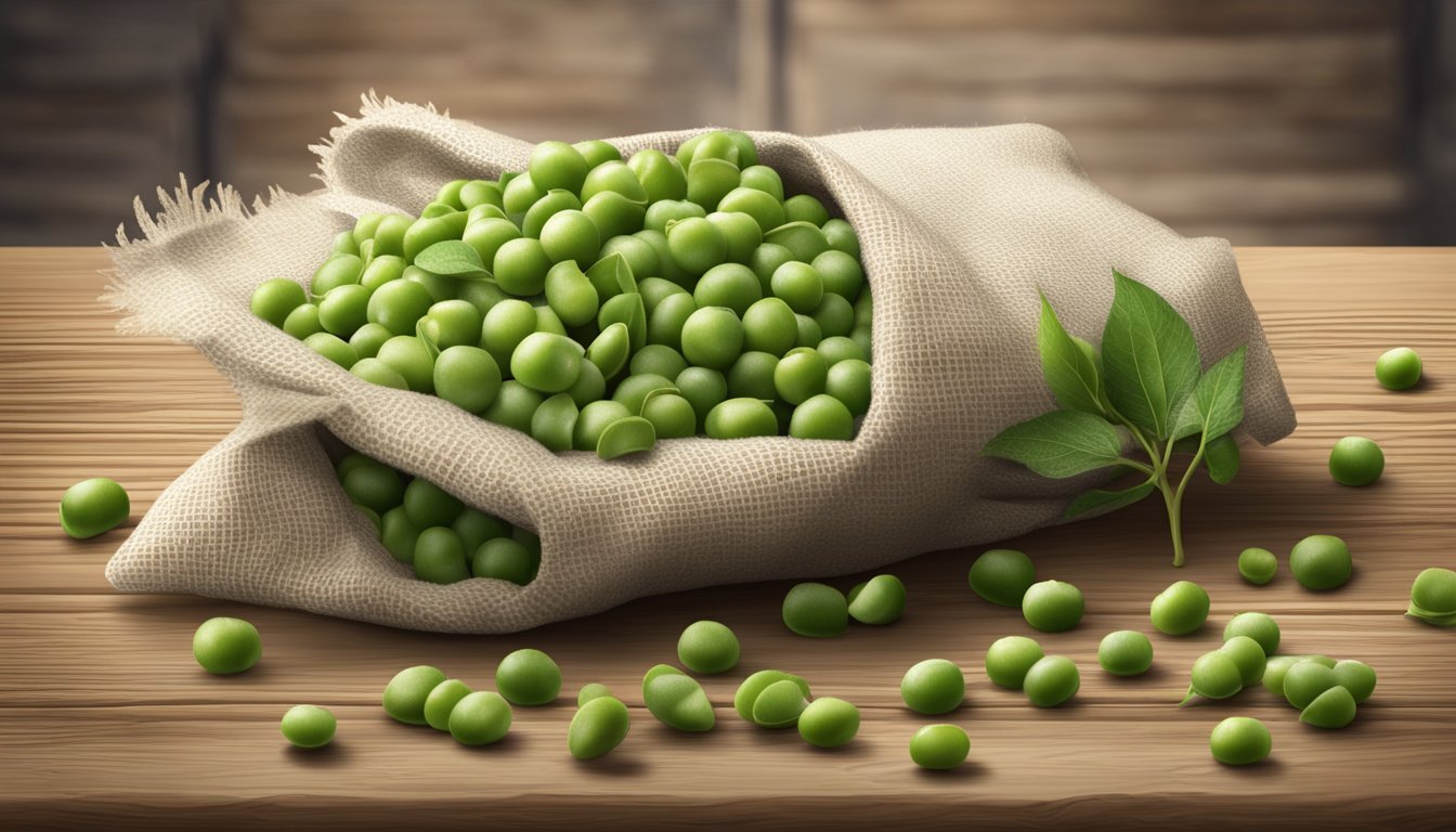 A bag of Woodstock organic frozen peas on a rustic wooden table