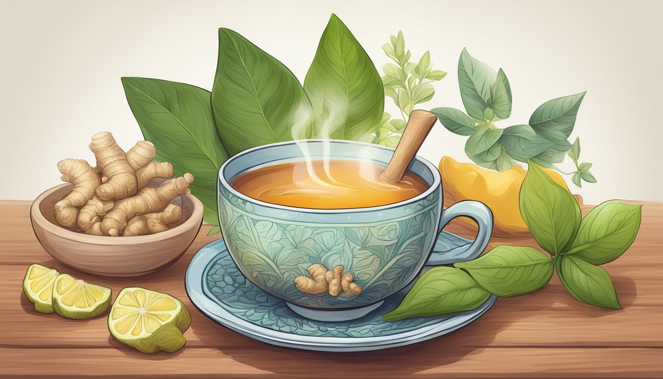 A steaming cup of Organic Difference Yogi Tea sits on a wooden table, surrounded by fresh ginger root and other organic ingredients