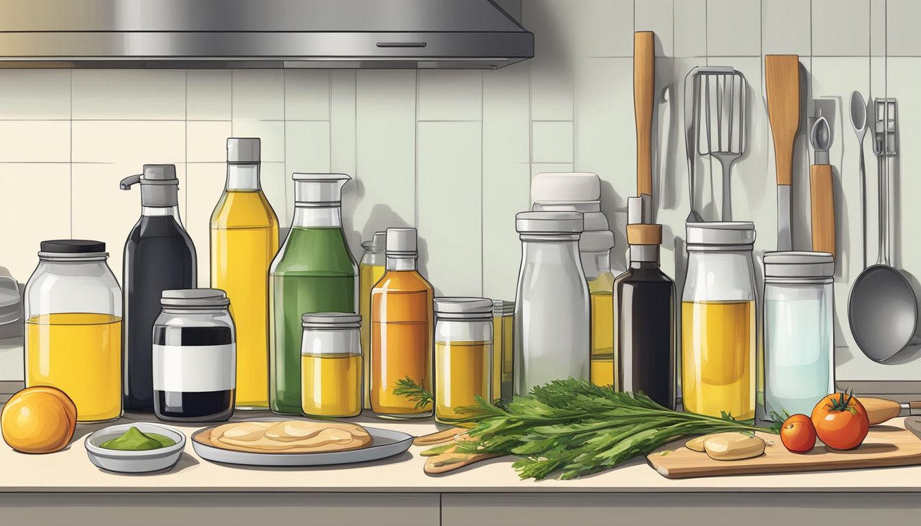 A kitchen counter with various cooking oils in bottles and containers, alongside different cooking tools and methods such as frying, baking, and sautéing