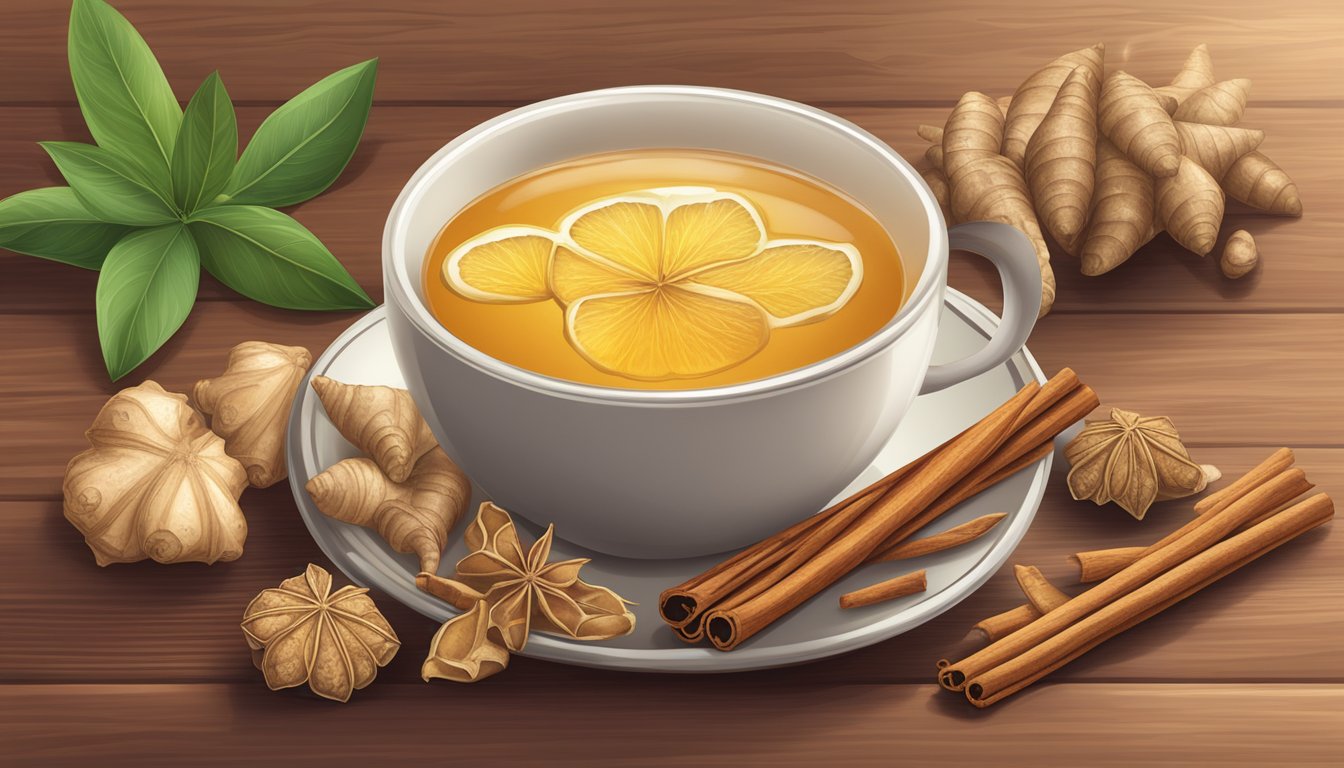 A steaming cup of Yogi Tea Organic Ginger Tea surrounded by whole ginger root, cinnamon sticks, and cardamom pods on a wooden table