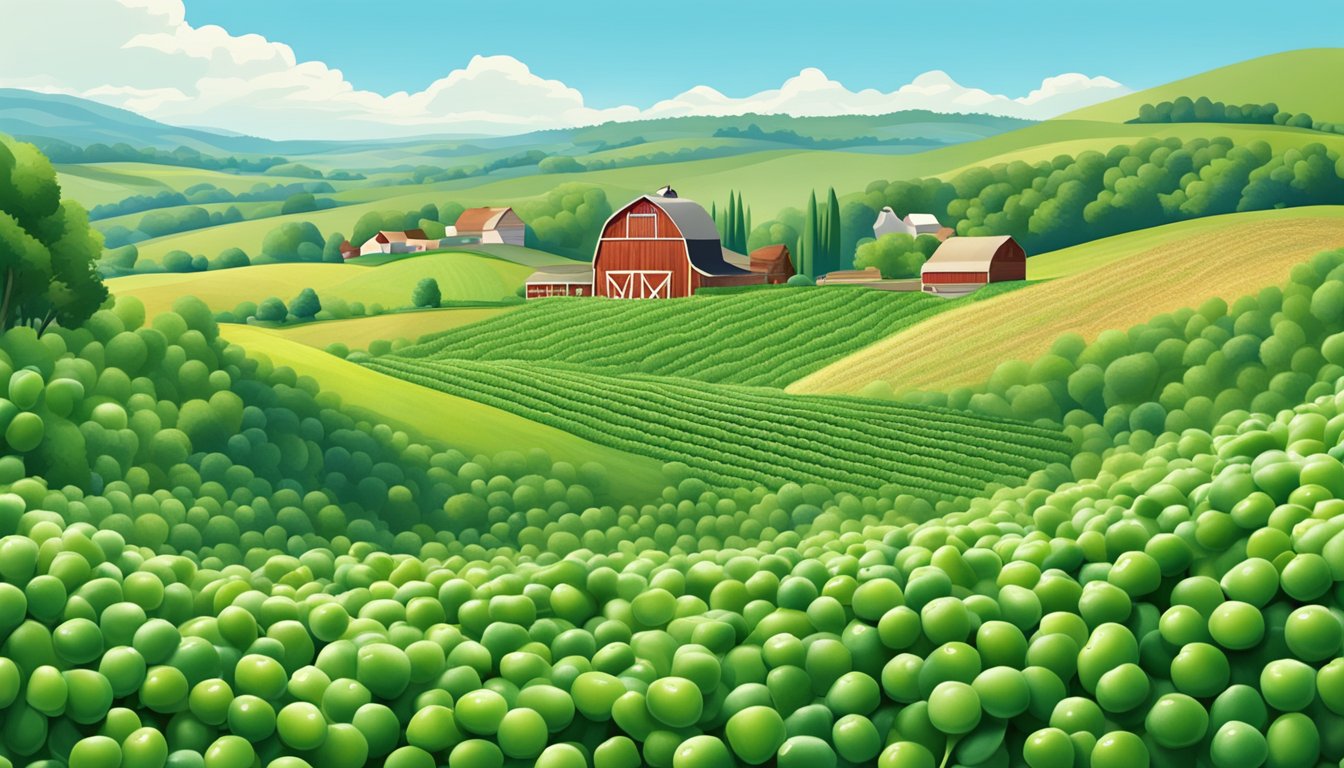 A lush field of organic peas under a clear blue sky, surrounded by rolling hills and a small, sustainable farm