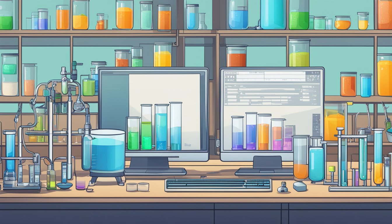 A laboratory setting with test tubes, scientific equipment, and a computer displaying data on intermittent fasting and longevity