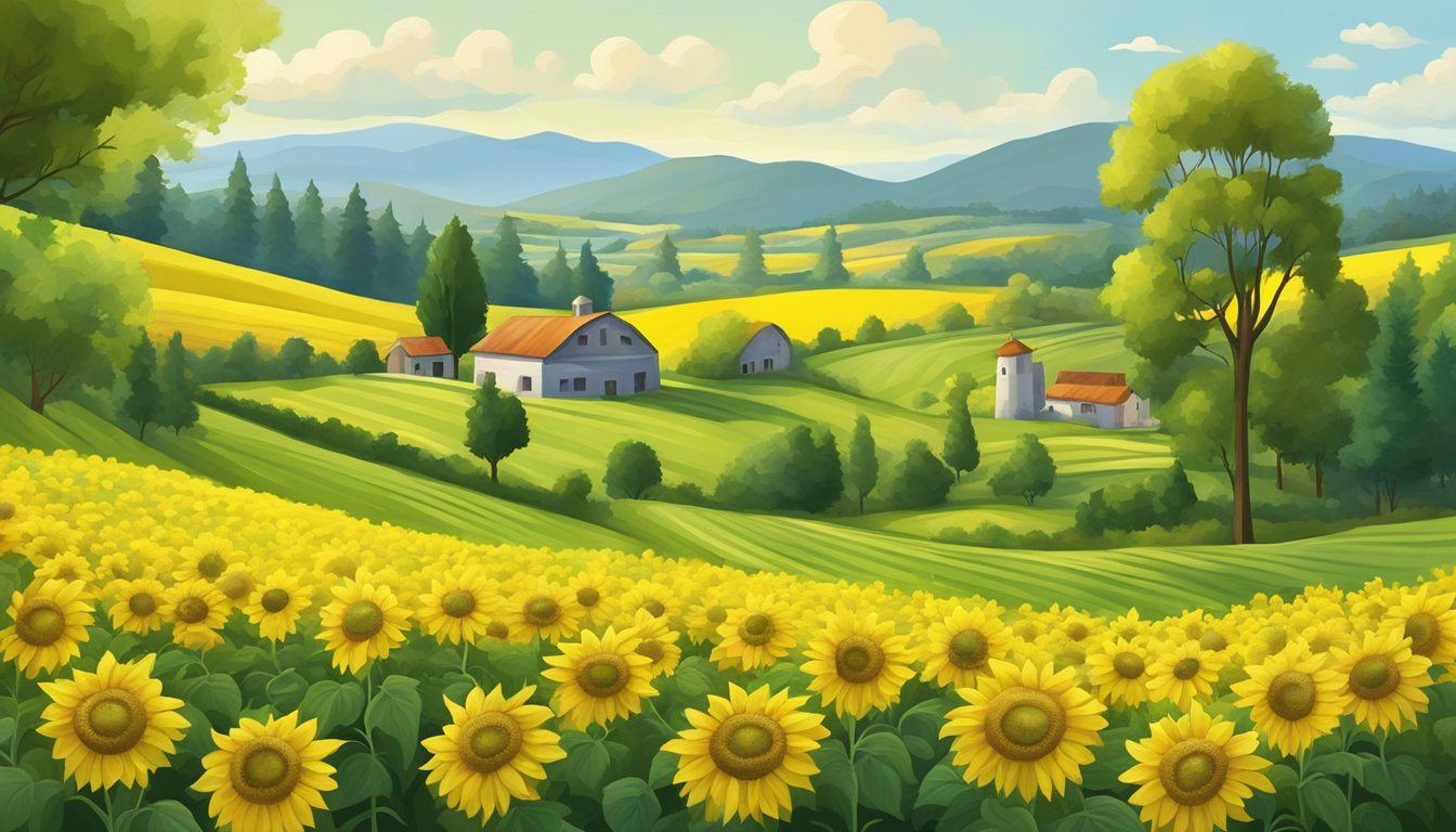 A lush, green farm with sunflowers and olives growing alongside fields of rapeseed, all surrounded by a pristine forest