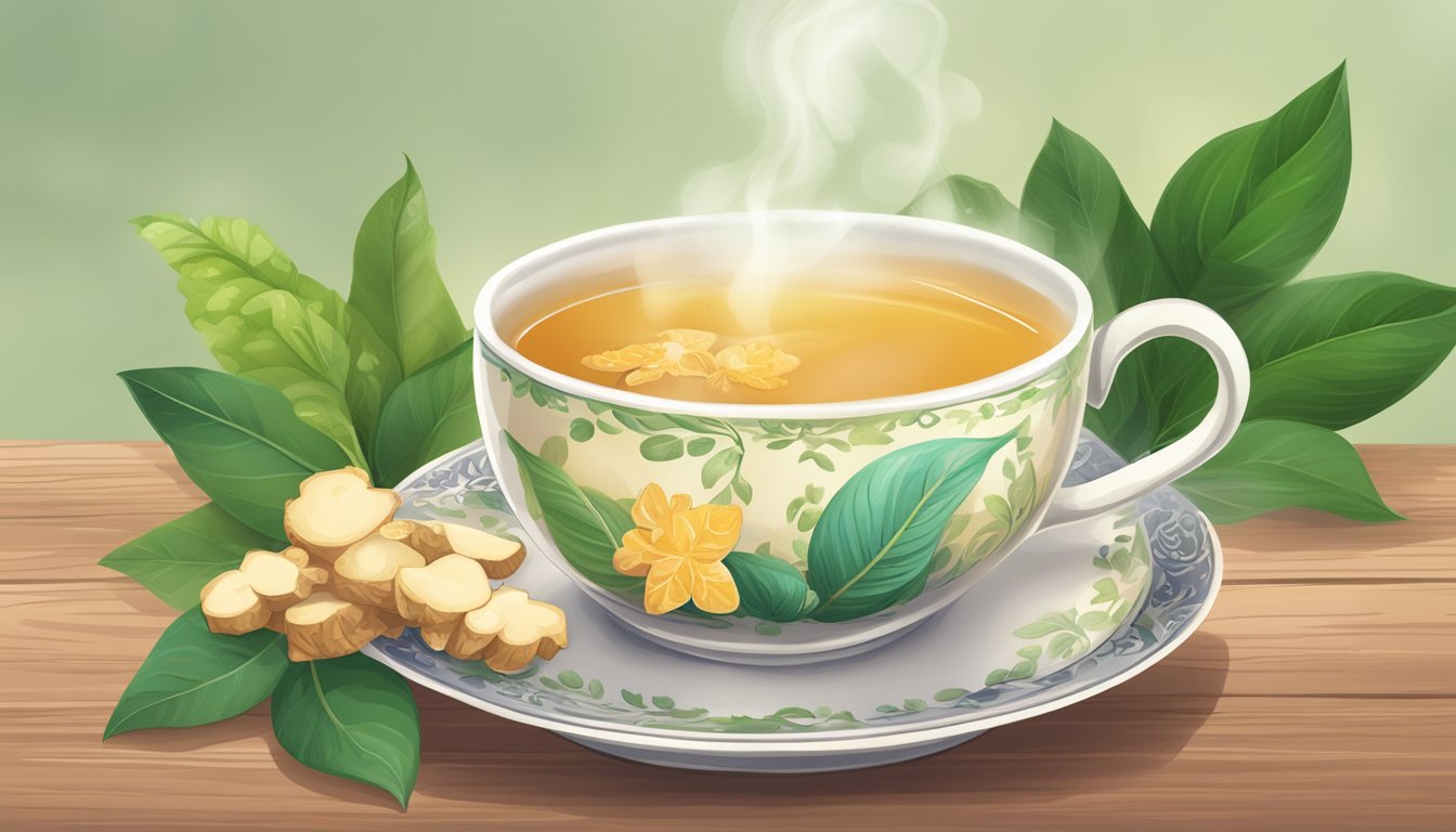 A steaming cup of Yogi Tea organic ginger tea sits on a wooden table, surrounded by fresh ginger root and a scattering of loose tea leaves