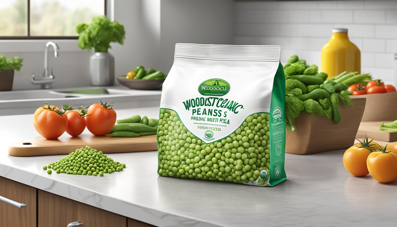 A bag of Woodstock organic frozen peas sits on a clean, white kitchen counter, surrounded by fresh vegetables and a cutting board