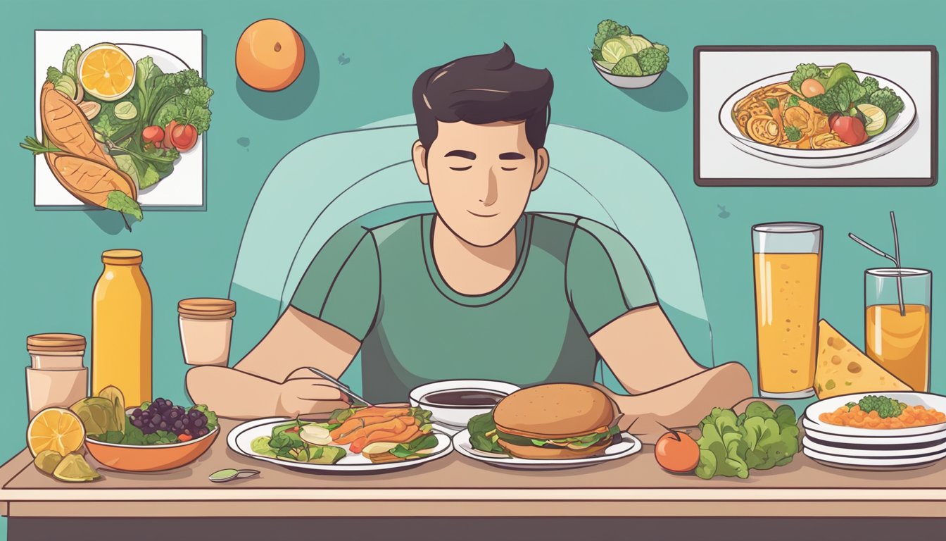 A person sitting at a table with a balanced meal, surrounded by images of physical activity and exercise