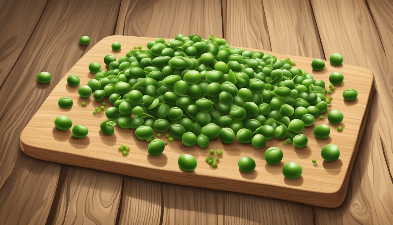 A bag of Woodstock organic frozen peas surrounded by fresh green pea pods and leaves on a wooden cutting board