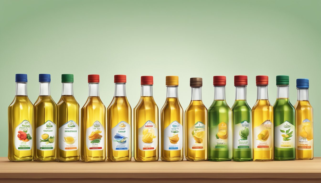 A row of various branded cooking oil bottles on a kitchen countertop