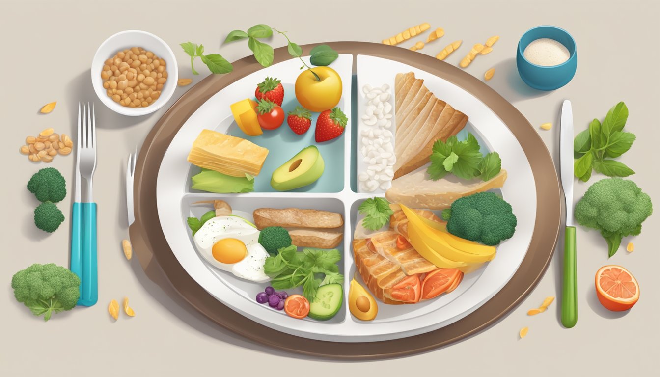 A table set with a balanced meal on one side and a sparse meal on the other, surrounded by symbols of health and metabolic markers