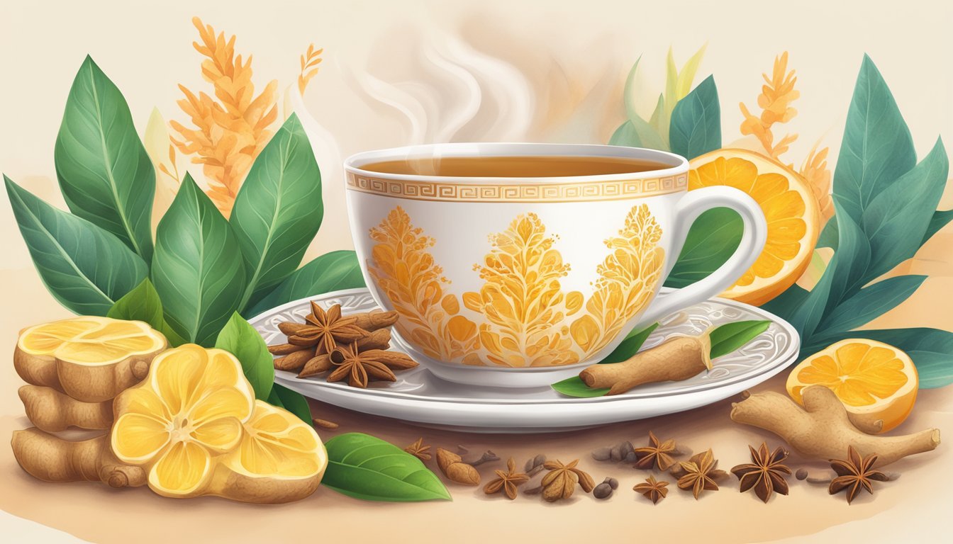 A steaming cup of Yogi Tea Organic Ginger Tea surrounded by vibrant ginger root and other aromatic spices