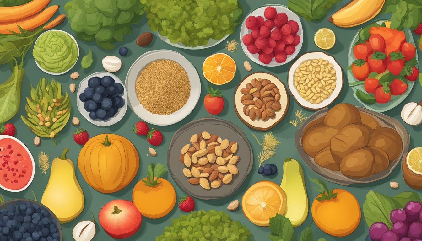 A table set with colorful fruits, vegetables, nuts, and grains, surrounded by a serene natural environment, symbolizing the art of mindful eating on feast days during ADF