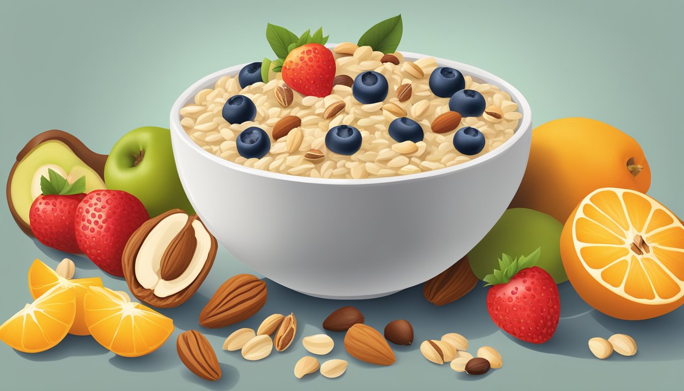 A bowl of Quaker Old Fashioned Oats surrounded by fresh fruits and nuts