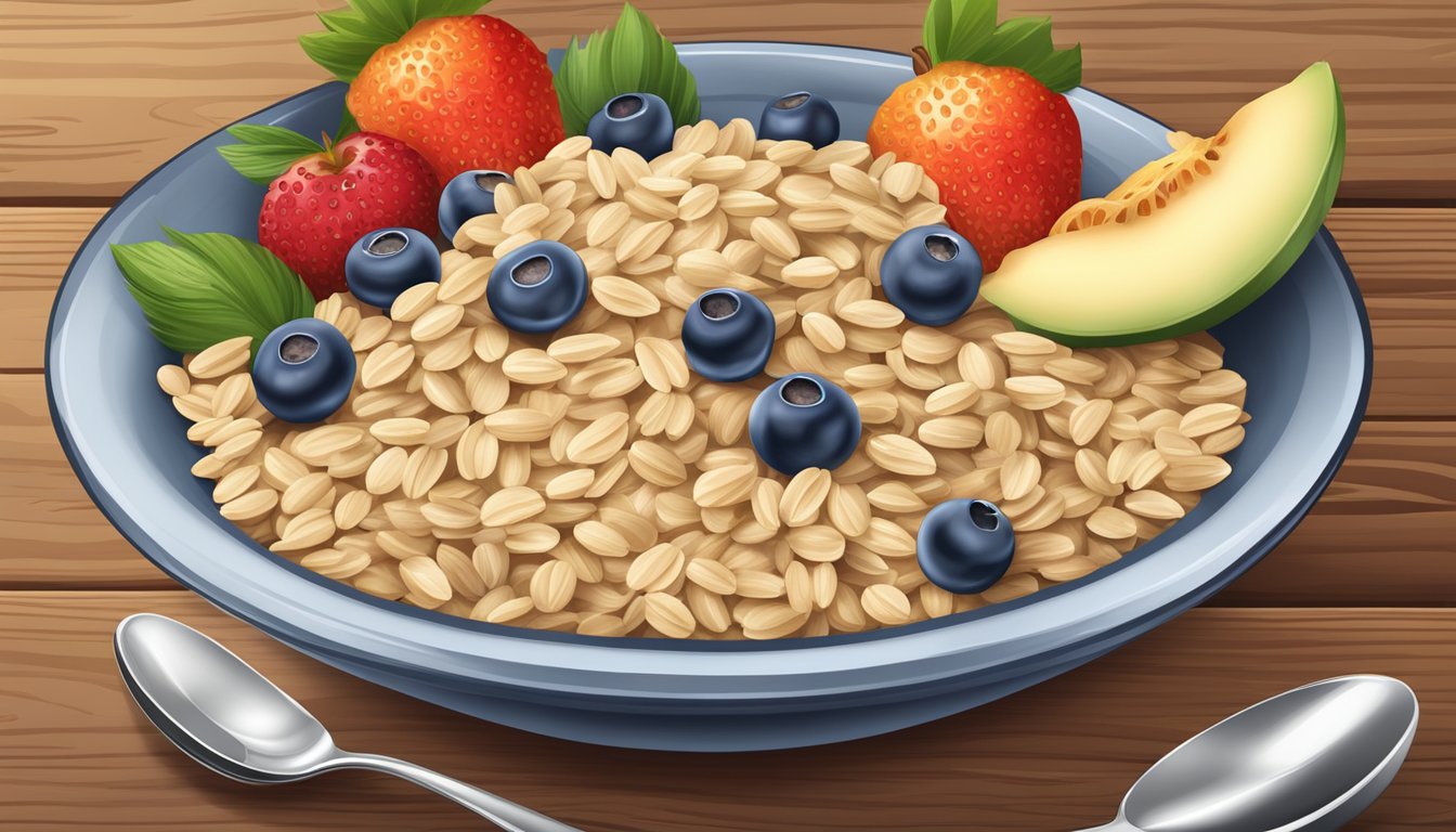 A bowl of cooked Quaker Old Fashioned Oats surrounded by fresh fruits and nuts on a wooden table