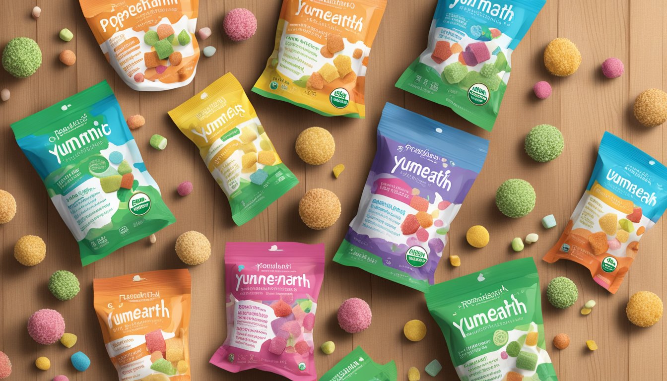 A colorful assortment of yumearth organic pops scattered on a wooden table, with nutritional information displayed on the packaging